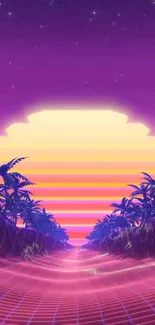 Neon sunset wallpaper with tropical silhouette.