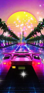 Vibrant retro wallpaper with neon car driving toward palm-lined sunset.