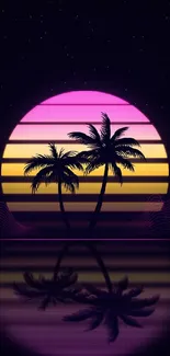 Retro sunset with palm trees reflecting on water under a starry sky.