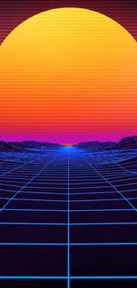 Vibrant retro sunset wallpaper with neon grid landscape and 80s aesthetic.