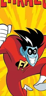 Cartoon superhero in red suit leaping dynamically.