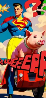 Superhero with pig on scooter in comic art style.