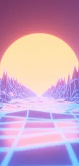 Neon retro synthwave landscape wallpaper with setting sun.