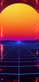 Vibrant synthwave sunset with neon grids and an orange sun.