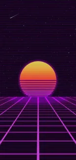 Retro synthwave wallpaper with purple grid and sunset.