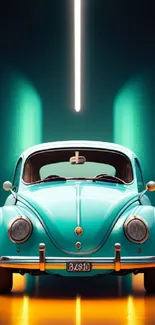 Wallpaper featuring a teal classic car with neon lights.