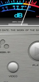 Vintage audio design wallpaper with dials and meters in metallic finish.