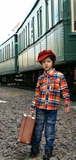 Child in retro attire beside a vintage train.