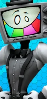 Retro TV-headed character with a colorful screen on a blue hexagonal background.