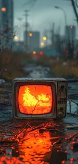 Retro TV emits warm glow in rainy urban landscape.