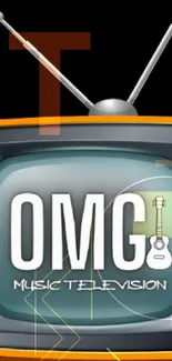 Retro TV with OMG music television theme and guitar icon.