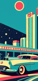 Retro urban artwork featuring a vintage car and city skyline.