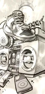 Black and white urban graffiti art with sneakers and boombox.