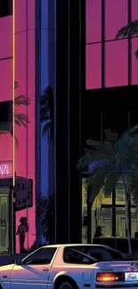 Retro cityscape with neon lights and vintage car at night.