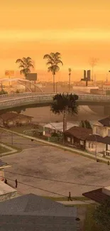 Retro sunset city street with bridge and palm trees