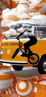 Orange retro van with cyclist silhouette on colorful backdrop.