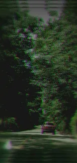 Retro glitch wallpaper featuring a car on a forest road with dark hues.