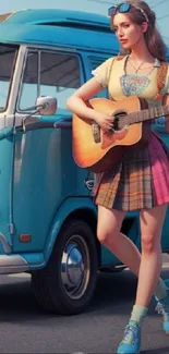 Stylish woman in plaid skirt playing guitar beside a retro blue van.