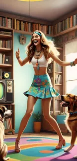 Woman dancing joyfully with two dogs in a colorful, retro room.