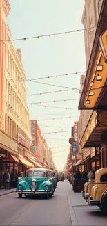 Vintage street scene with classic cars and city bustle.