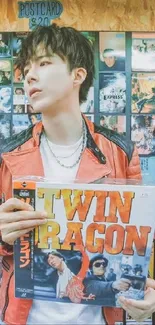 Person holding a vinyl record in a retro store setting with colorful shelves.