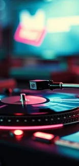 A vibrant vinyl turntable with colorful lights, capturing retro music vibes.