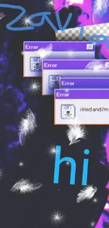Mobile wallpaper with retro error windows and purple aesthetic.