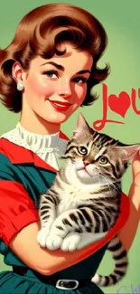 Retro artwork of woman holding a cat with love text.