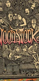 Intricate Woodstock art with sepia and pink tones, showcasing festival imagery.