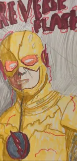 Hand-drawn Reverse Flash art in vibrant yellow suit.