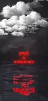 Neon 'Start a Revolution' text with clouds and water reflection.