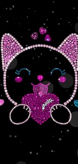 Cute rhinestone cat with pink gems on a black background.