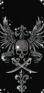 Rhinestone skull with wings on black mobile wallpaper.