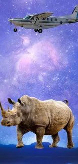 Rhinoceros under a plane in a starry galaxy backdrop, creating a surreal art scene.