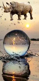 Surreal scene with a floating rhino and reflective sphere at sunset.