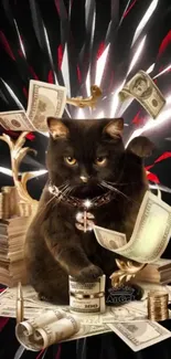 Luxurious black cat surrounded by money and gold on a dark background.