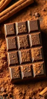 Chocolate bar with cinnamon and cocoa dust.