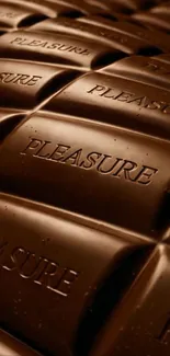 Close-up of chocolate bar with 'pleasure' text.
