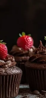 Chocolate cupcakes with strawberries on top