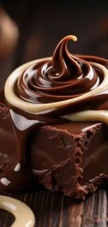 Close-up of a luscious chocolate dessert with rich swirls.