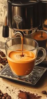 Aesthetic espresso machine with coffee cup and beans on table.