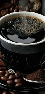 Steaming cup of coffee surrounded by roasted beans.