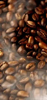 Steaming roasted coffee beans wallpaper with rich brown tones.