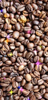 A rich, textured wallpaper with coffee beans in various shades of brown.