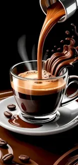 Steaming espresso pouring into cup with splash.