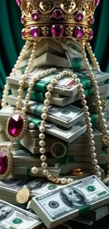 Stacks of money with pearls and gold crown accent.