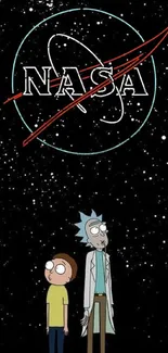 Rick and Morty with NASA logo under starry sky on phone wallpaper.