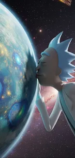 Animation of a scientist kissing the planet earth in space.