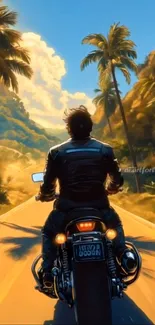 Motorcyclist riding through tropical scenery at sunrise on a scenic road.