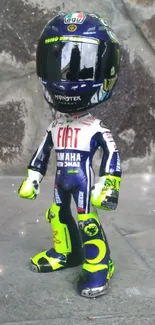 A figurine with a racing suit and helmet on a textured surface.